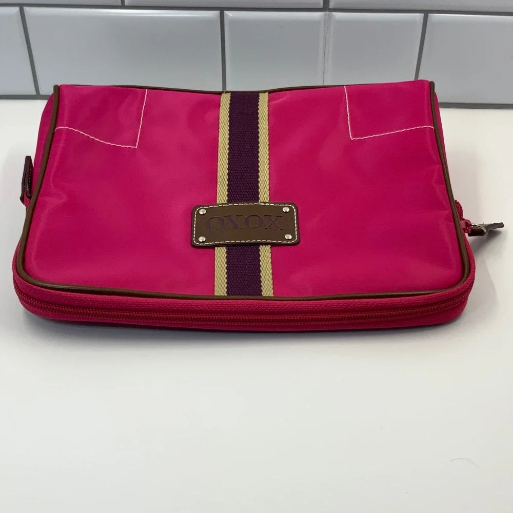 XOXO Hot Pink Nylon Cosmetic‎ Bag Makeup Pouch Brown Trim Striped Accent
